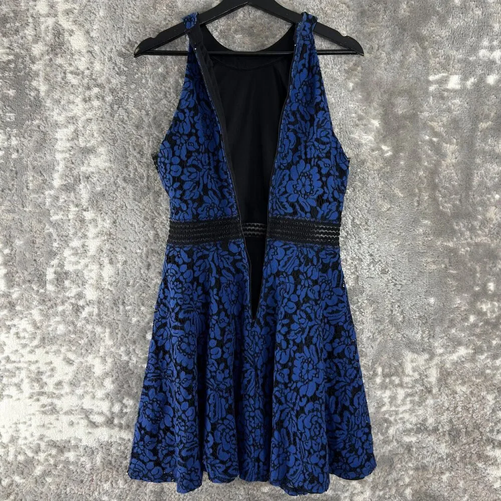City Triangles Junior Sz 10/11 Floral Lace‎ Sleeveless Flare Mini Dress Blue Zip